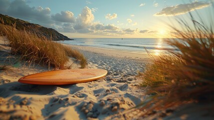 Surfboard on a sandy beach under the golden sunlight, tropical vibes - obrazy, fototapety, plakaty
