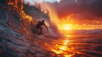 Surfer catching a wave at sunrise, surfing paradise - obrazy, fototapety, plakaty