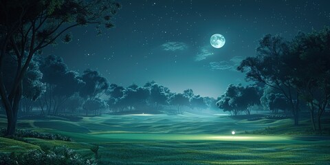 Surreal image of a golf course at night, with glowing golf balls flying through the air and moonlight shining