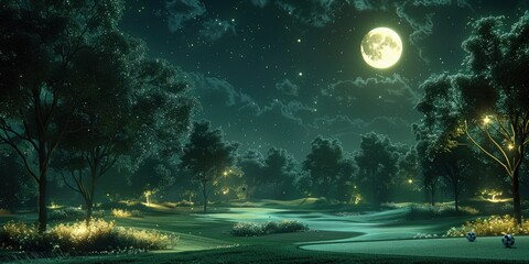 Obraz na płótnie Canvas Surreal image of a golf course at night, with glowing golf balls flying through the air and moonlight shining