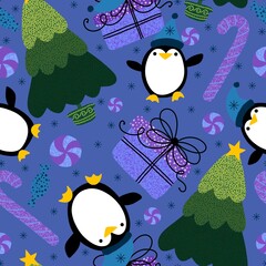 Christmas tree and gift box seamless penguin pattern for wrapping paper and fabrics and linens and kids clothes print