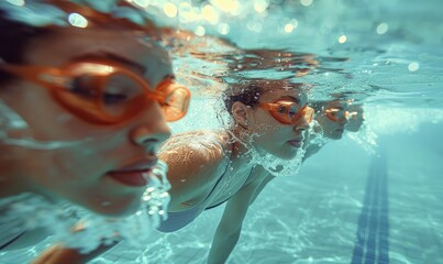 Synchronized swimmers performing a routine in a pool, elegant shapes and reflections