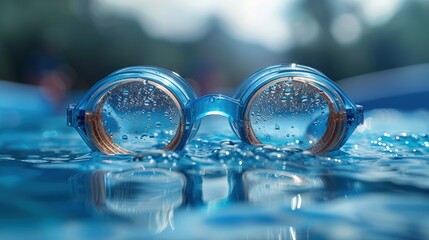 Swimming goggles with water droplets, ready for a dip - obrazy, fototapety, plakaty