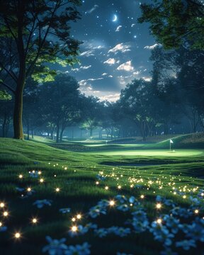 Surreal image of a golf course at night, with glowing golf balls flying through the air and moonlight shining