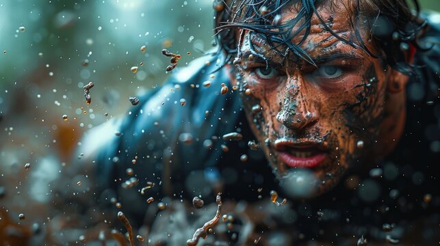 Surreal image of a rugby player charging through a muddy field, with dramatic lighting and intense expressions