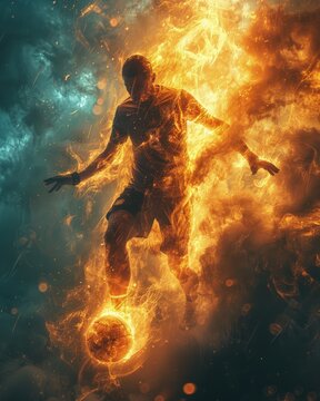 Surreal image of a volleyball player spiking the ball with explosive energy effects, against a dreamlike backdrop