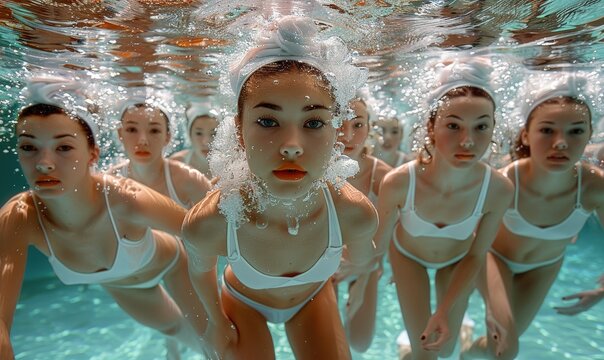 Synchronized swimmers in intricate formation underwater, pastel colors, elegant poses