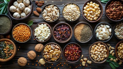 Top view of a wide assortment of nuts and seeds laid out on a rustic wooden table, natural lighting highlighting the textures and flavors