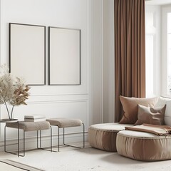 3D rendered modern Scandinavian living room mockup, displaying minimalist design with white walls, brown accent pillow and curtain details.