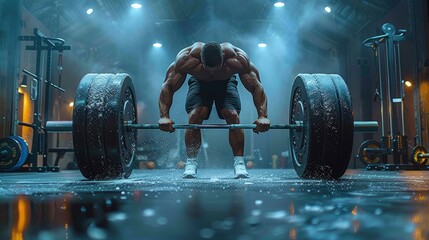 Weightlifter lifting heavy barbells in the gym with determination and strength