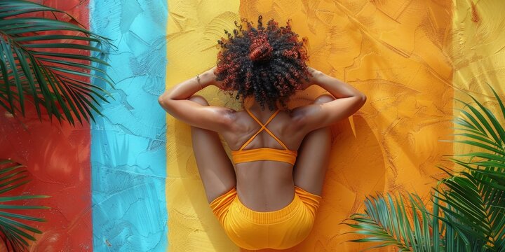 Top view of woman doing pilates on mat, bright color palette, flat lay composition