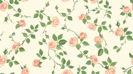 Peach-colored roses and green leaves pattern on a white background, in a vintage style, seamless wallpaper, with a pastel color palette. Generated by artificial intelligence.