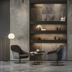 A 3D render of a modern reception lounge area with rich chairs, designed in a sophisticated dark...