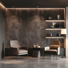 A 3D render of a modern reception lounge area with rich chairs, designed in a sophisticated dark gray and taupe color palette. The space features a mockup microcement texture wall interior, with beige