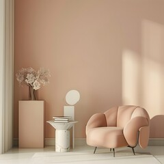 Modern luxury bedroom in pastel tone peach fuzz color with Panton furniture, an empty painting...