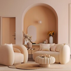 3D render of a luxurious living room with a peach apricot beige pastel painted wall, part of the 2024 trend color 'peach fuzz', in a modern and premium interior design.