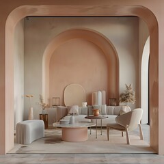 Fototapeta na wymiar 3D render of a luxurious living room with a peach apricot beige pastel painted wall, part of the 2024 trend color 'peach fuzz', in a modern and premium interior design.