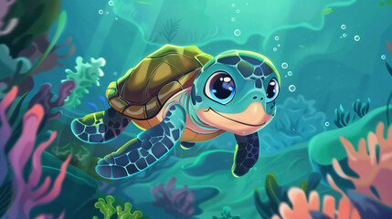 Fototapeta na wymiar Cute Cartoon Sea Turtle Underwater