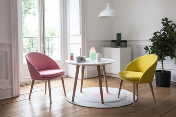 Delight in the charm of Scandinavian design with two chrs in cheerful colors, a central table, and an empty canvas agnst a backdrop of pure pink, white, or yellow, 