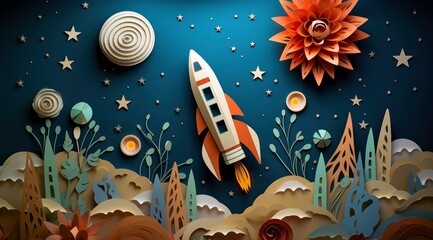 Vibrant 3D rocket launch wallpaper with pastel planets and stars, perfect for kids' room decor and space enthusiasts."