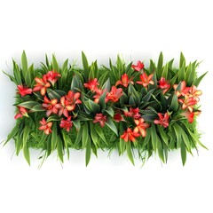 Top view of a row of savanna flowers and grass, rendered in 3D style and set against a white background.