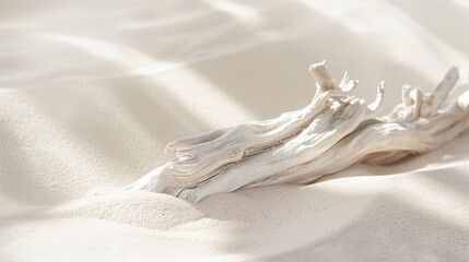 Close-up photo of white driftwood on sand, minimalist aesthetic, light beige background. Generated...