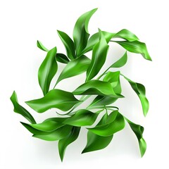 3D rendering of greenery leaves twisting and flowing in the air, presented in a fresh and lively way.