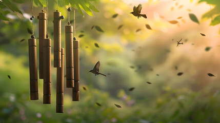 Tranquil scene of bamboo wind chimes hanging among lush trees with butterflies fluttering in sunlight. 