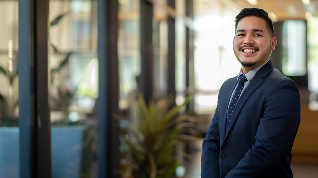 copy space, best job candidate hispanic male, age around 25-30, indoor business office related background. Business concept. Young hispanic man looking for a job.