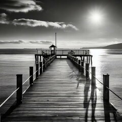 pier at sunset in black and white