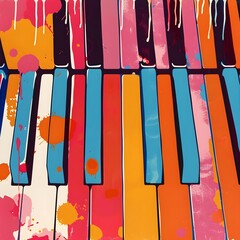 Stylized, distorted retro piano keyboard, presented in a playful and whimsical way with a unique,...