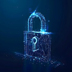 Digital padlock for computing system on dark blue background, representing cyber security technology for fraud prevention and privacy data network protection.