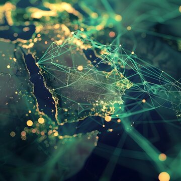 Abstract map of Saudi Arabia, Middle East, and North Africa, highlighting the themes of global network, data transfer, cyber technology, information exchange, and telecommunication.