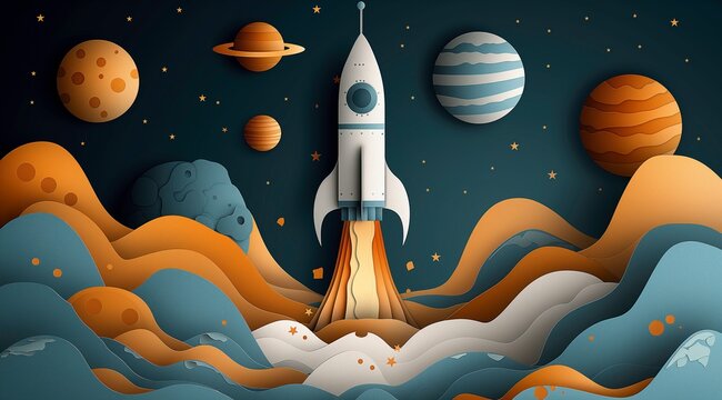 Dreamy space journey illustration with a friendly rocket, ideal for creative wallpapers and educational materials