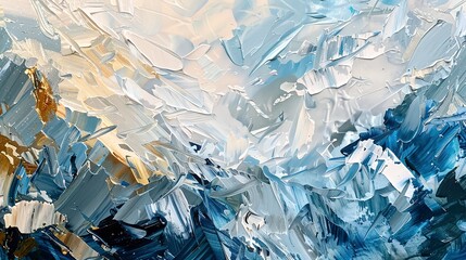 oil painting Abstract, frozen tundra, icy blues and whites, golden hour, close-up, crystalline details. 