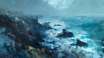 Abstract oil, rugged coastlines, cool blues and grays, dawn light, panoramic, cliff edge drama.  - obrazy, fototapety, plakaty