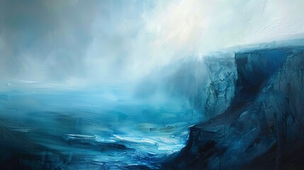 Abstract oil, rugged coastlines, cool blues and grays, dawn light, panoramic, cliff edge drama. - obrazy, fototapety, plakaty
