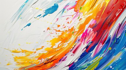 Abstract, paint cannon, vibrant streaks on white, direct sunlight, panoramic, energetic release.  - obrazy, fototapety, plakaty