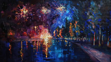 Oil paint, firework finale, night colors, night glow, wide lens, celebratory sparkle. 