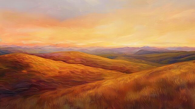 Oil paint, rolling hills at sunset, warm hues, twilight, wide angle, undulating textures.