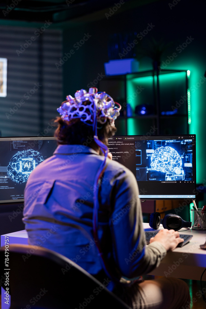 Poster software technician with eeg headset on programming brain transfer into computer virtual world, merg