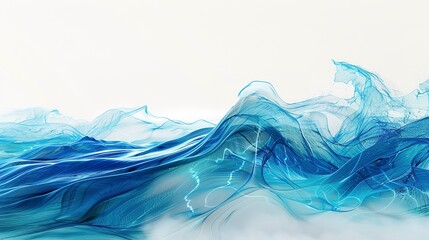 Abstract, lone wave curve, vibrant blue on white, direct sunlight, panoramic, fluid isolation. - obrazy, fototapety, plakaty
