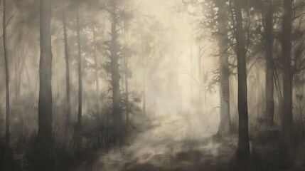 Oil painting, shadow play, muted grays, morning mist, wide angle, delicate illusions.  - obrazy, fototapety, plakaty