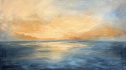 Naklejka na ściany i meble Abstract oil, empty horizon, warm beige and blue, evening, panoramic view, tranquil divide. 