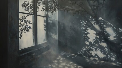 Oil painting, shadow play, muted grays, morning mist, wide angle, delicate illusions. 