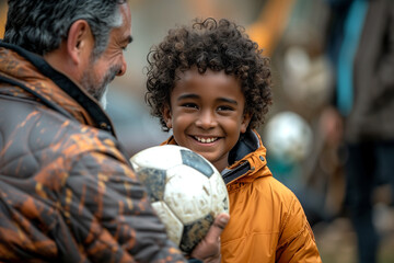 Naklejka premium Little Boy Holding Soccer Ball Next to Older Man