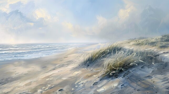 Oil painting, sand texture, cool beach colors, morning mist, wide angle, granular detail. 
