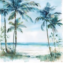 Watercolor painting of a beach scene with palm trees, isolated on a white background.