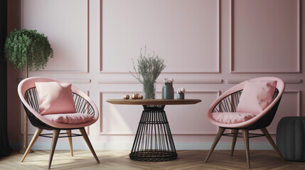 Delight in the charm of Scandinavian design with two chrs in vibrant colors, a central table, and an empty canvas agnst a backdrop of pure pink, white, or yellow, creating a cozy and inviting space.