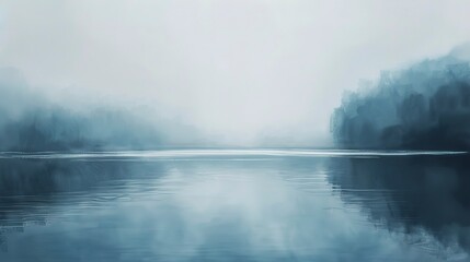 Calm lake oil paint effect, cool blues, misty morning, aerial view, soft focus. 